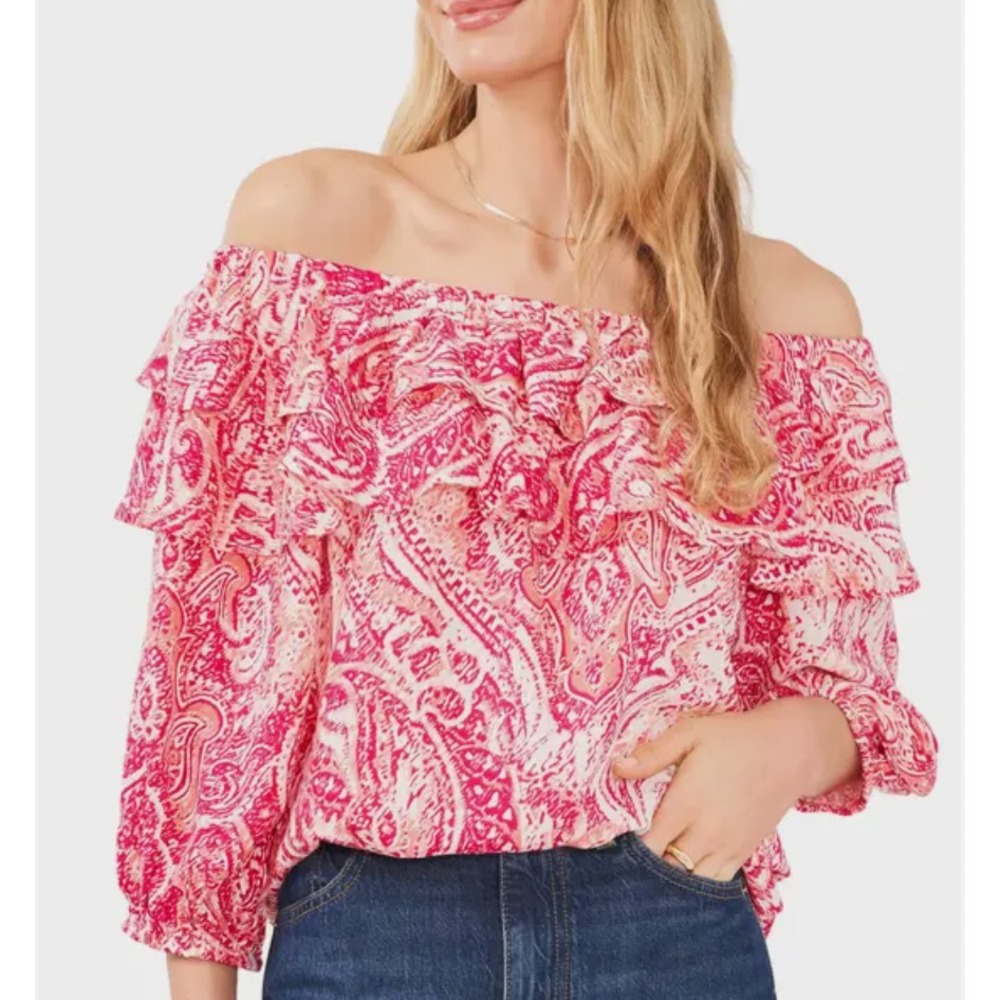 Vince Camuto Women's‎ Off-The-Shoulder Ruffle Top Multi Size Large NWT
